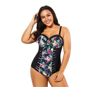 Swimsuits For All Women’s Cut Out Mesh Underwire One Piece Swimsuit Sz‎ 14 NWOT